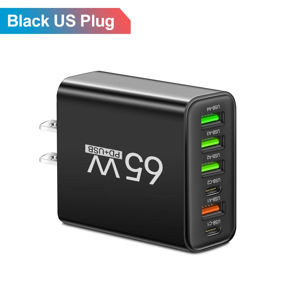 Total 65W 6 in 1 4 USB 2 Type C Quick Charging Fast Wall Charger For iPhone Samsung Xiaomi Huawei Oppo Mobile Phone Adapter